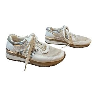 Michael Kors Womens Allie Trainer Sneaker Cream Tan Silver Size 7.5 M